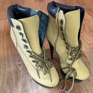 Women's Tan Lace-Up High-Heel Ankle Boots